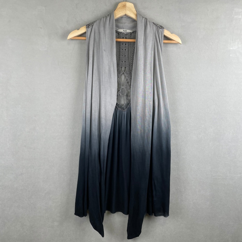 Papaya Grey Ombre Sleeveless Cardigan Crochet Lace Racerback Boho Handkerchief S